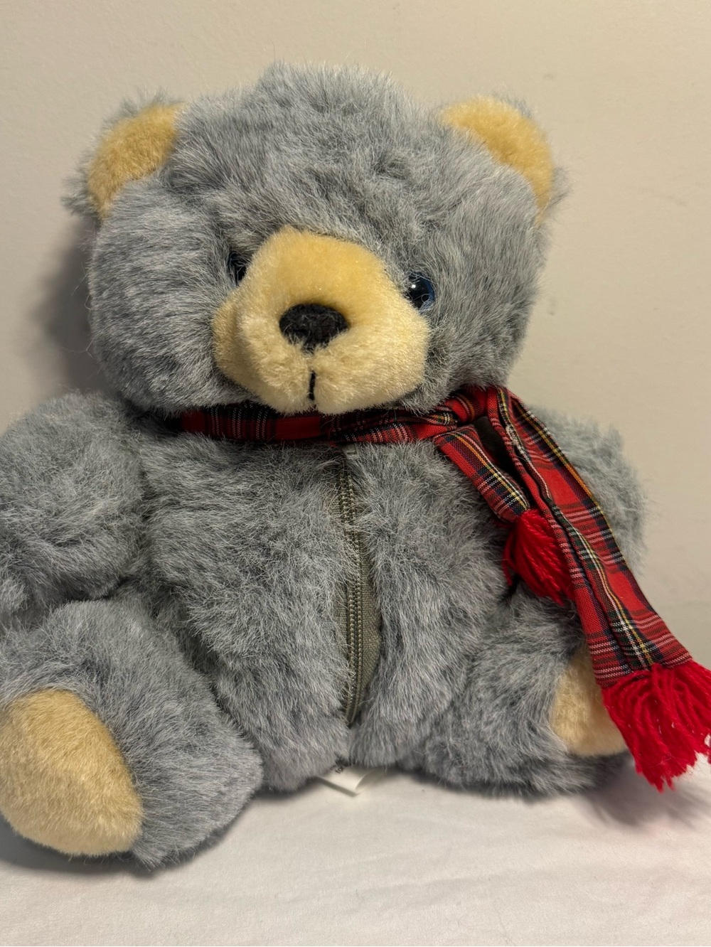 Vintage 1991 Benny Bear plush toy Ben Bridge Jeweler gray shaggy fur plaid scarf